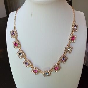 Vtg Monet Pink Lavender Crystal Floral Necklace Sample One of a Kind Gold Tone